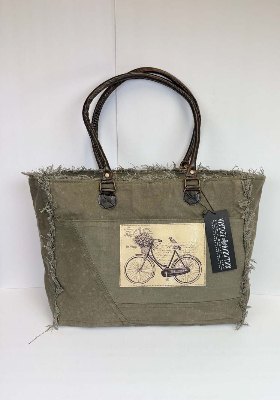Vintage Addiction Upcycled Canvas Tote Bag with Bicycle Print